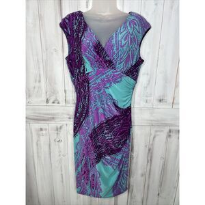 LAUREN RALPH LAUREN TEAL BLUE PURPLE SLEEVELESS RUCHED STRETCH JERSEY DRESS 10‎
